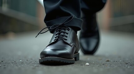 An exquisitely detailed, close-up shot of a person's feet in sleek, black leather shoes with intricate lace details, walking on a rough, grey concrete surface.