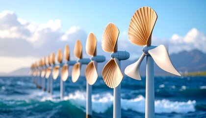 Row of Alternative Energy Turbines on Ocean Water