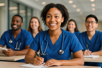 Nurses Learning and Studying: A group of nurses, immersed in a classroom setting, engaged in note-taking, radiating positivity and focused on their studies.