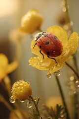 A close-up of a red ladybug on a yellow flower with droplets of water. The background is softly blurred, creating a serene atmosphere.