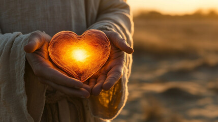 Close-up of Jesus gently holding a glowing cracked heart in His palms, warm light shining through, desert background