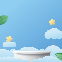 white podium with blue background and cloud decorations for kids' products