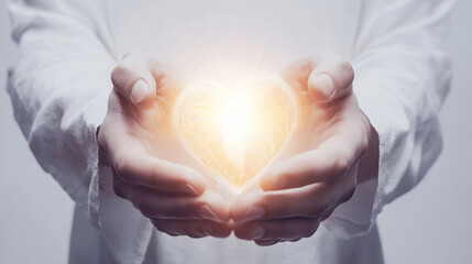 Minimalist white background: Jesusâ hands alone, cupping a glowing, broken heart slowly being restored
