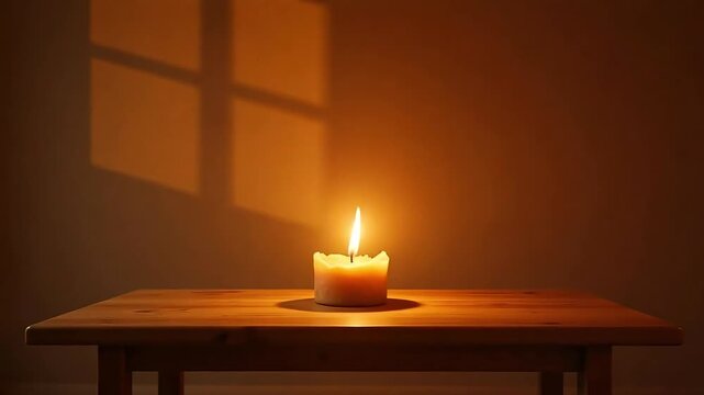 Warm candle glows casting cozy window shadow on textured wall, inviting peaceful ambiance
