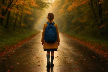 Rear view of a young girl walking alone on a wet country road in early autumn, wearing a mustard yellow coat and carrying a blue backpack.

