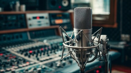 A studio microphone with a shock mount, surrounded by high-end recording equipment, placed in a professional soundproof recording space.