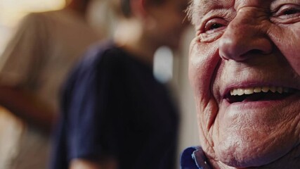 Portrait of a smiling elderly man with warm expression, close-up of wrinkles and eyes reflecting life experience, joy, wisdom, kindness, and human connection