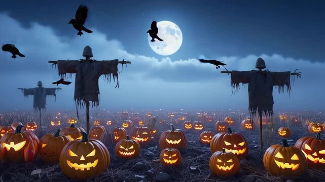 A whimsical and enchanted pumpkin patch at night. The pumpkins are carved with various expressions and are lit from within, casting an ethereal glow. Scarecrows and crows are scattered 