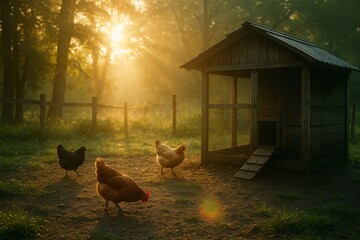 Chickens roaming in morning sunlight near wooden coop in forest  