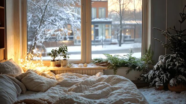 Stylish bedroom with a large bed. Selective focus. dizain.