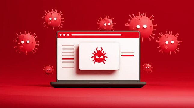 Cybersecurity Malware Alert &ndash; 3D Virus Icon on Red Laptop Interface