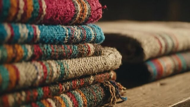 Close-Up of Colorful Handwoven Fabrics on Wooden Table