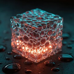 A transparent cube with bubbles illuminated from within, resting on a dark surface with water droplets around it. The scene conveys a sense of tranquility and modern design.