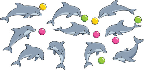 Cute cartoon dolphins playing colorful balls, funny dolphin illustrations, playful marine animals, ocean life vector, kids friendly, happy dolphins collection, underwater fun, animal character set © Best_Design