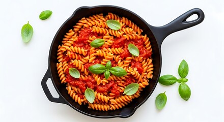 Delicious fusilli pasta with tomato sauce and fresh basil in a cast iron skillet
