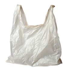 An empty white plastic bag with handles is isolated on a transparent background showing its crumpled