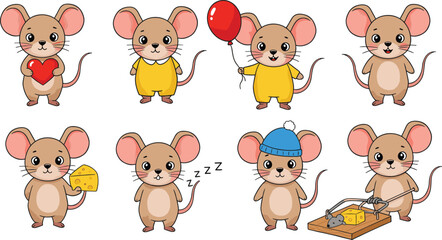 Cute cartoon mice collection, adorable little mice characters, holding cheese, red balloon, heart, sleeping, winter hat, playful mouse illustrations, kids 