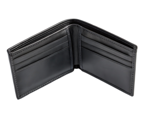 An open empty black leather wallet is isolated on a transparent background revealing its pockets and
