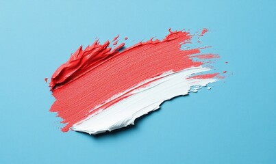 A red and white brush stroke on a blue background
