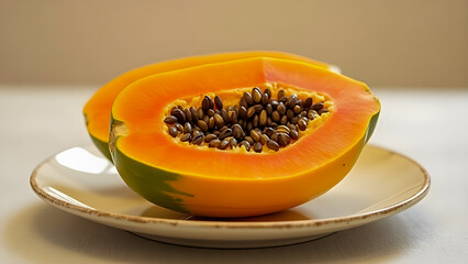 Half-Cut Papaya on a Plate, Clear Seed Cavity and Texture, High-Definition