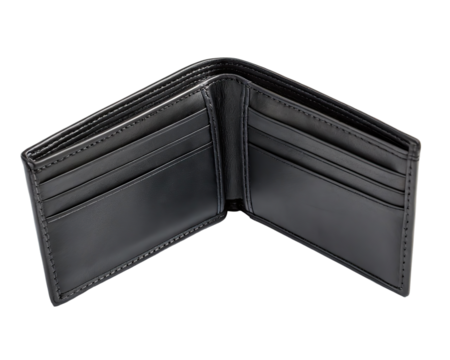An open empty black leather wallet is isolated on a transparent background revealing its pockets and