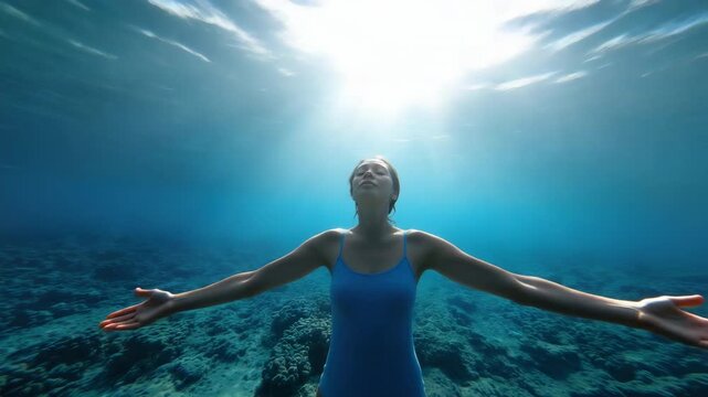 Serene underwater moment: woman embracing sunlight in tranquil ocean depths