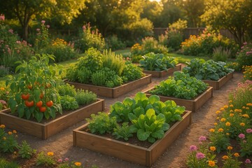 Vibrant vegetable garden with raised beds and blooming flowers at sunset  