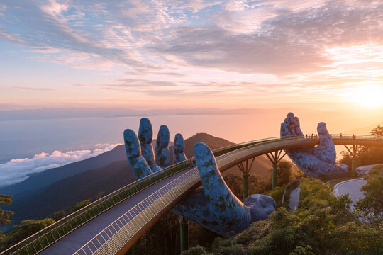 Golden Bridge on mountain in Da Nang in Vietnam at sunset on summer. View from above on the famous landmark in amusement park