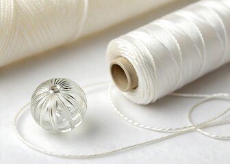 Small glass bead threaded with white silk on clean