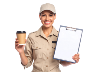 Smiling Woman in Beige Uniform Holds Clipboard and Coffee Cup