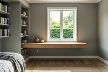 A minimalist interior showcases a built-in wooden shelf and window overlooking a lush, green garden.