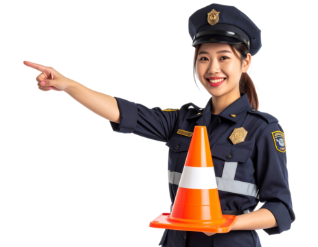 Female Police Officer Pointing at Traffic Cone