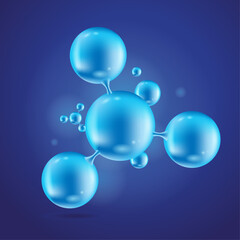 Abstract blue molecular structure. Vector realistic set of 3d molecules, chemical or biotechnology models with transparent crystal balls isolated on blue background