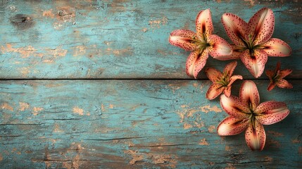 Orange lilies on weathered blue wooden surface