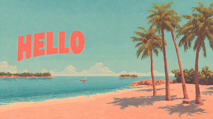 Text hello summer for tropical holiday travel season, beach palm trees and sunset over the sea or ocean horizon illustration. greeting card or flyer wallpaper, tourism banner background.