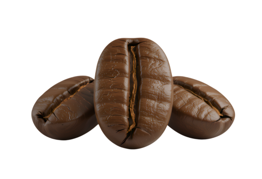 Brown Coffee Beans with Cracks, Glossy Texture on Transparent Background, 3D Realism Design Element