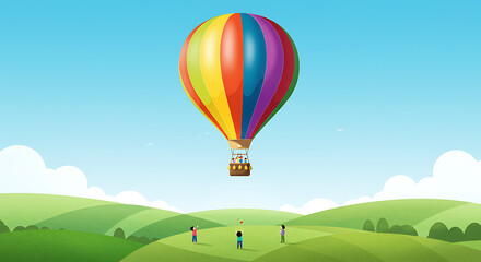 Fototapeta premium Vibrant Hot Air Balloon Soaring Over Green Golf Course Landscape with People Below