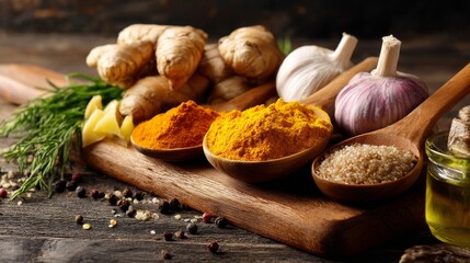 Fototapeta premium A vibrant display of various natural remedies like ginger, garlic, and turmeric, arranged beautifully on a wooden cutting board for a healthy lifestyle theme