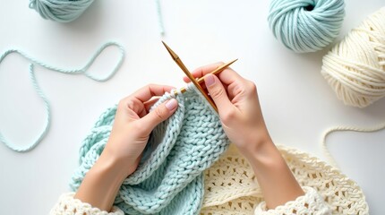 A beautiful isolated hand with delicate fingers expertly knitting a soft, pastel-colored shawl, clearly revealing various knitting tools neatly arranged, singularly isolated on a bright white setting.