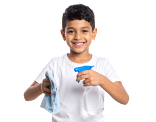 Smiling Boy Holding Cleaning Supplies Isolated On Black Background