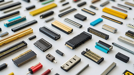 Fototapeta premium Various electronic connectors arranged on a white surface.