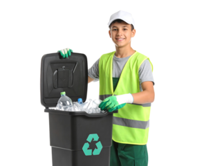 Recycling Boy With Recycling Bin Against Black Background