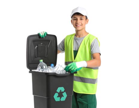 Recycling Boy With Recycling Bin Against Black Background - Powered by Adobe