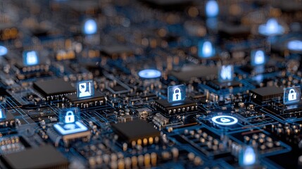 Close-up view of a circuit board with security icons.