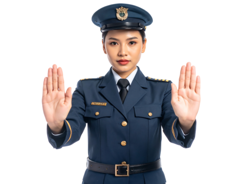 Female Officer In Navy Blue Uniform Making Stop Gesture