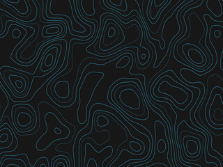 Abstract Topographic Contour Map, Seamless Pattern, Vector Illustration. Dark Background with Blue Lines, Geographic Data Representation.