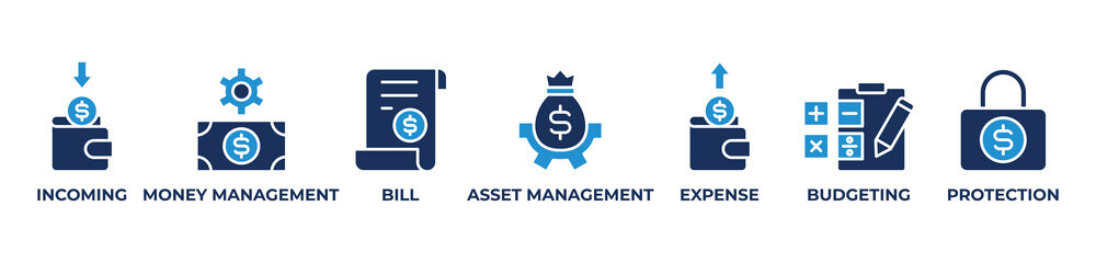 Comprehensive Money Management Icons set vector illustration blue with Incoming, Money management, Bill, Asset management, Expense, Budgeting, Protection