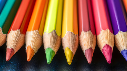 Fototapeta premium A close up view of a row of colored pencils arranged in a vibrant rainbow spectrum on dark surface