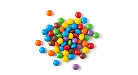 Pile of colorful candy coated chocolate drops on a white background