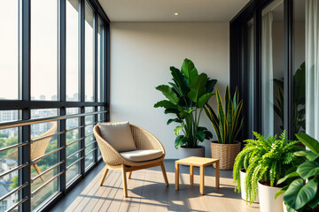 Fototapeta premium A modern balcony features a comfortable chair, small table, and lush greenery overlooking an urban cityscape.